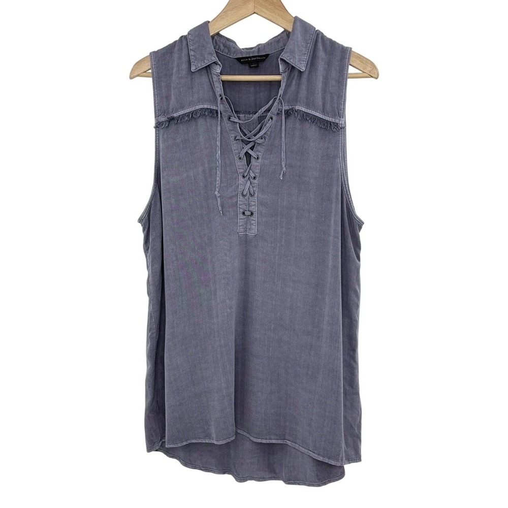 Rock & Republic Sleeveless Lace Up Neck Blouse W Fringe Sz L Western Boho